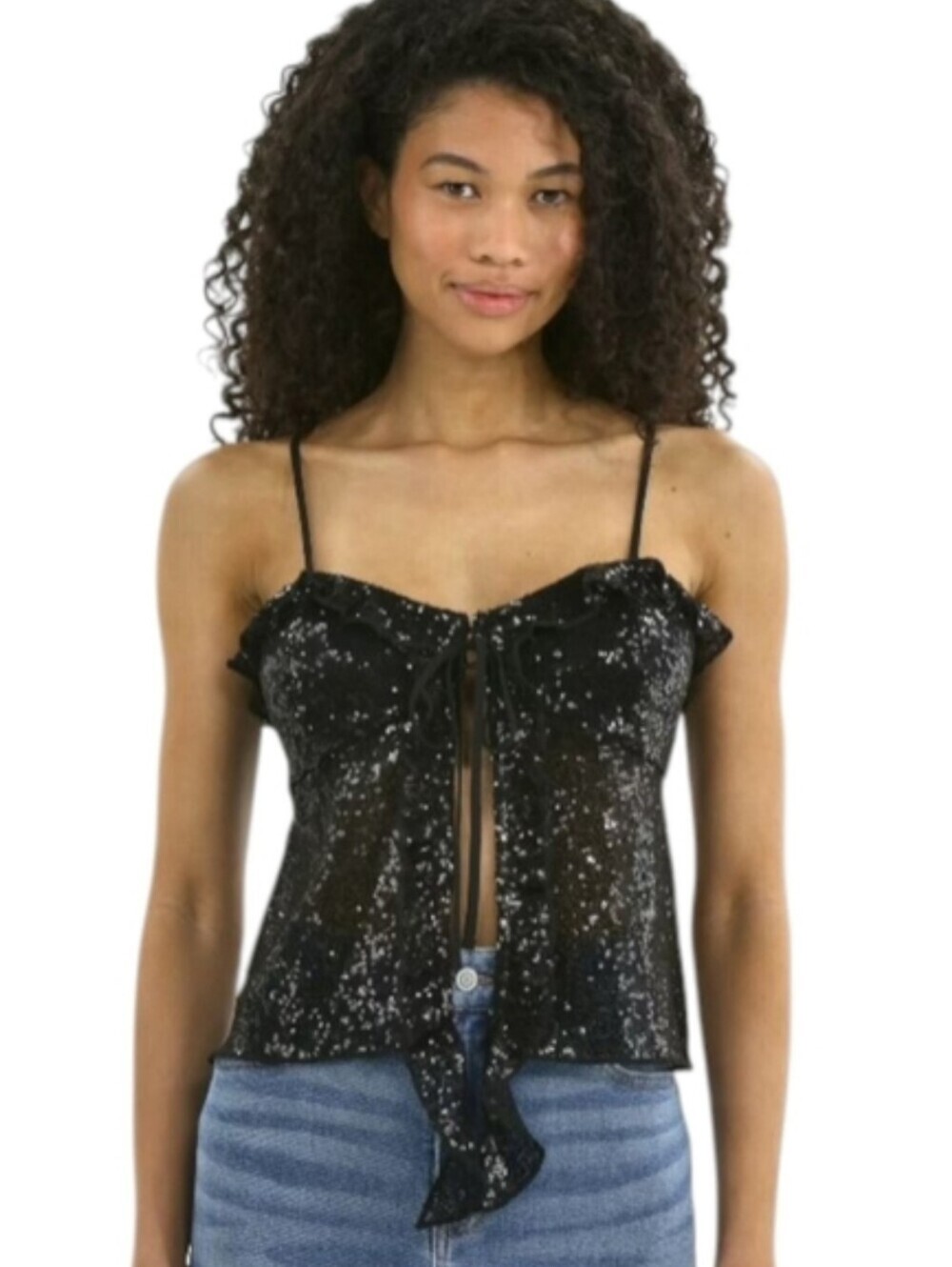 Sequin Ruffle Tie-Front Cami